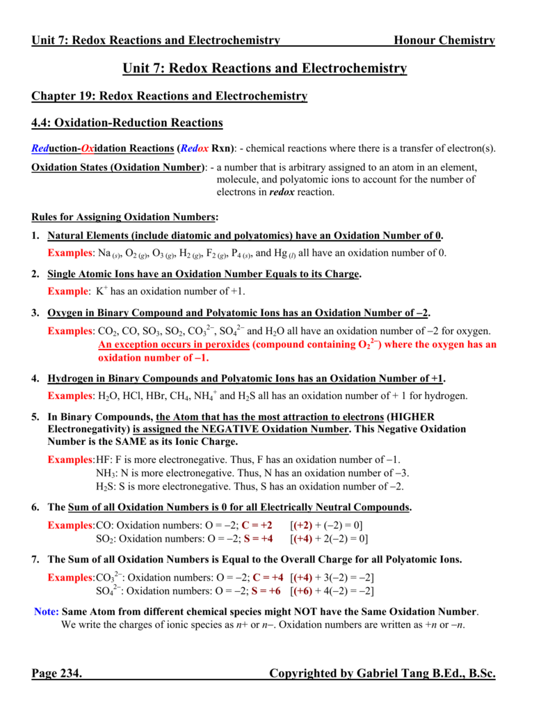 Redox Reactions Worksheet Answers