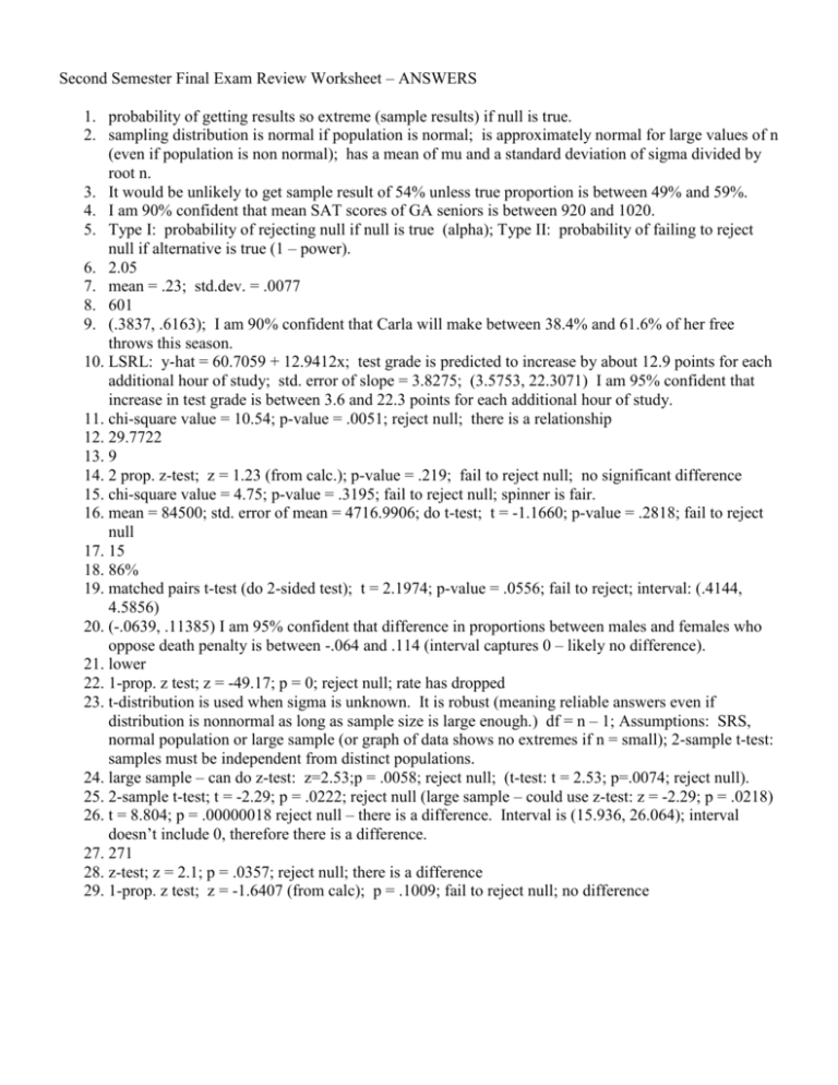 Second Semester Final Exam Review Worksheet ANSWERS