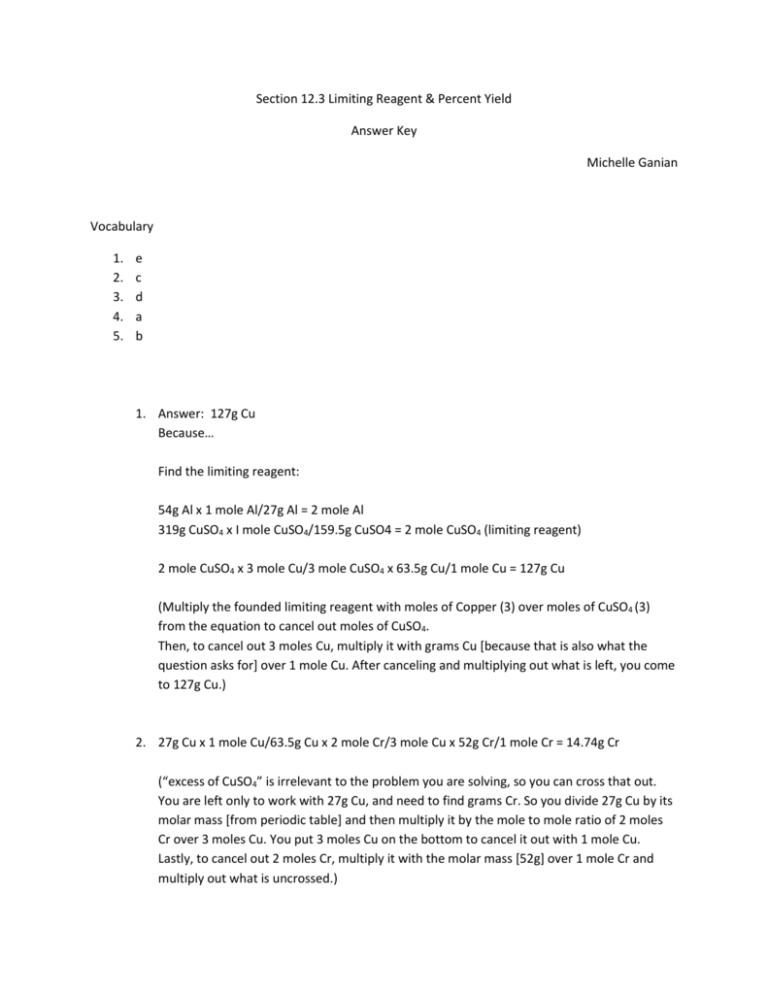 Section 12 3 Limiting Reagent Percent Yield Answer Key Michelle