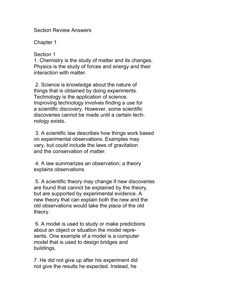 Section Review Answers Chapter 1 Section 1 1 Chemistry Is The