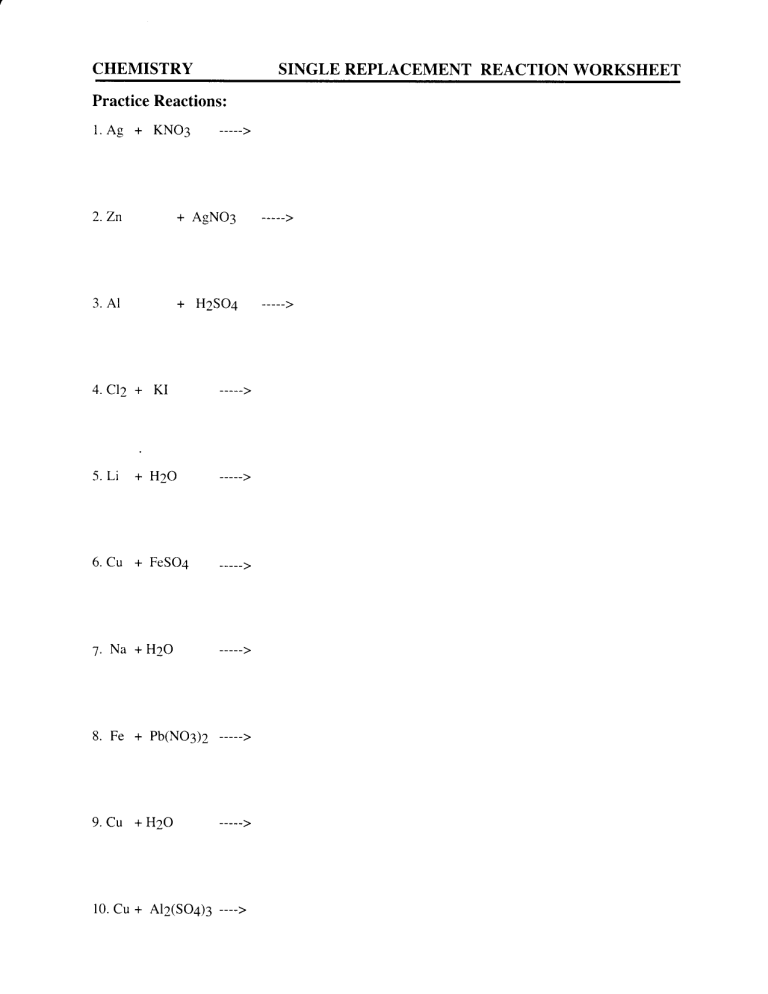Single Replacement Reaction Activity Series Worksheet 