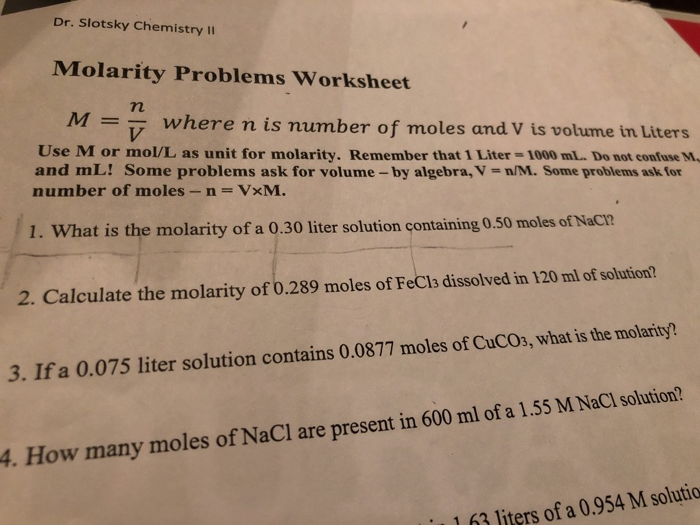 Solved Dr Slotsky Chemistry II Molarity Problems Workshe Chegg