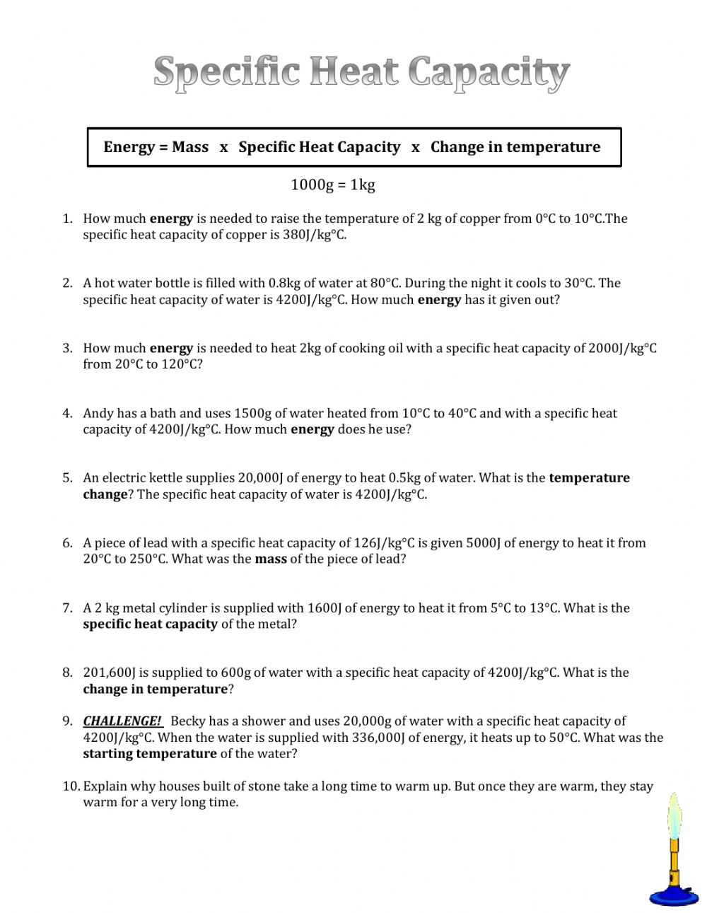 Specific Heat Worksheet Answer Key