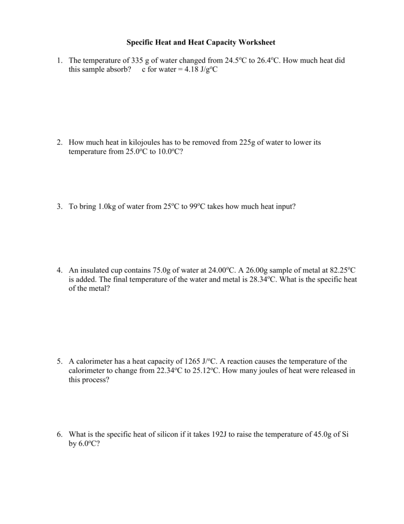 Specific Heat Worksheet Answer Key