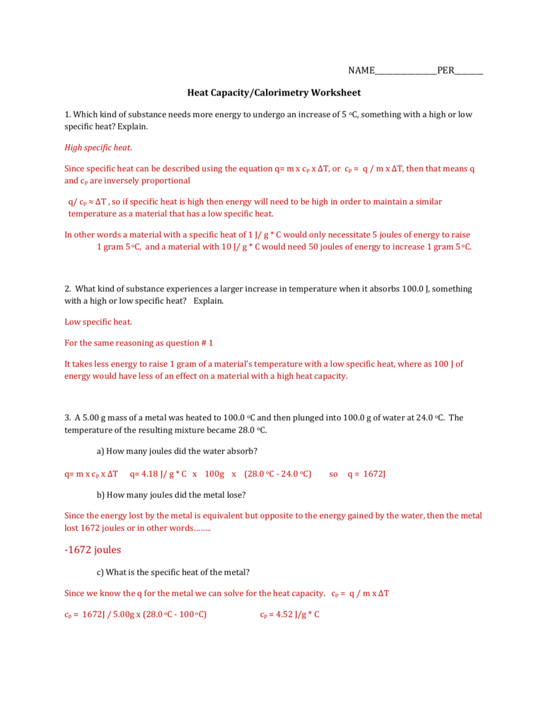 Specific Heat Worksheet Answer Key Free Download Qstion co