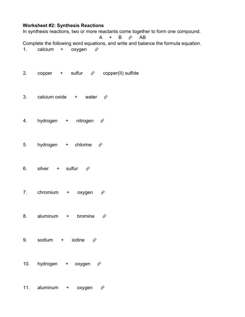Synthesis Reaction Worksheet Db excel