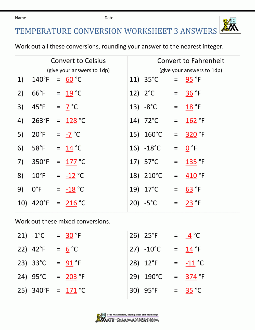 Temperature Conversion Worksheet Answer Key Word Worksheet