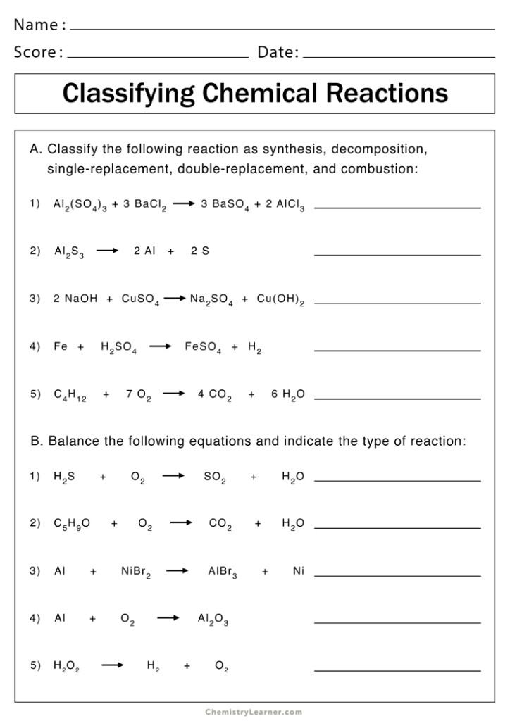 Types Of Chemical Reactions Worksheets Free Printable
