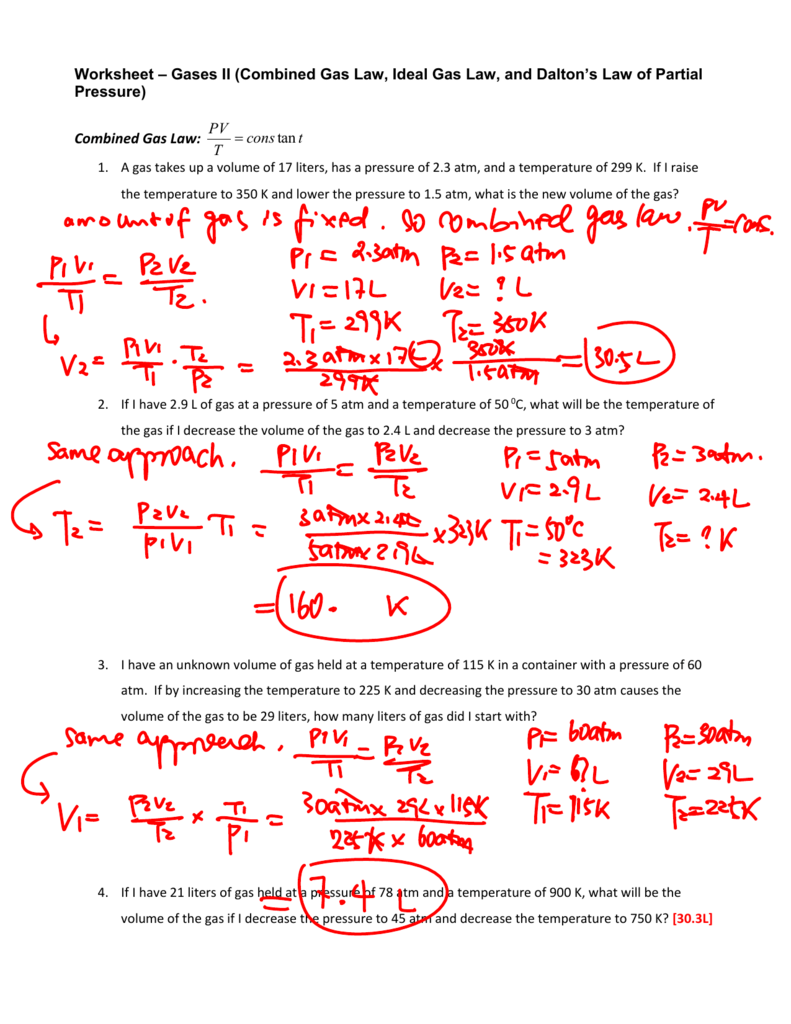 Worksheet Gas Laws II Answers