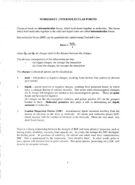 Worksheet Intermolecular Forces