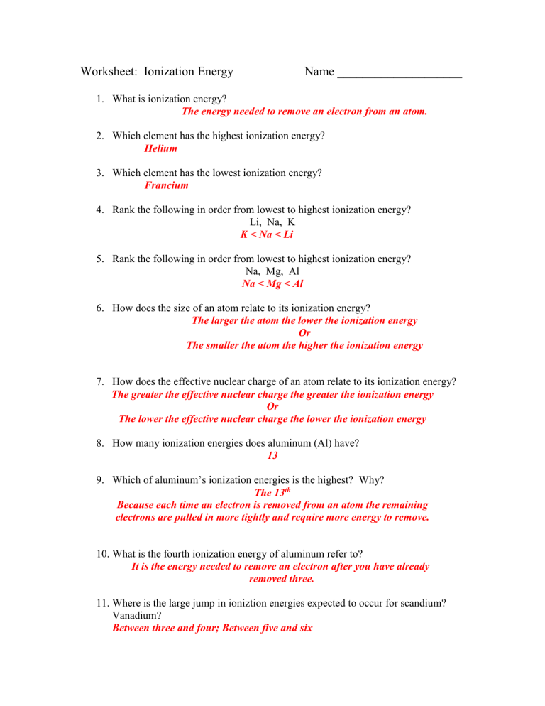 Worksheet Ionization Energy Key