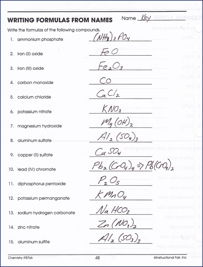 Writing Formulas From Names Worksheet Answers Chemistry If8766 