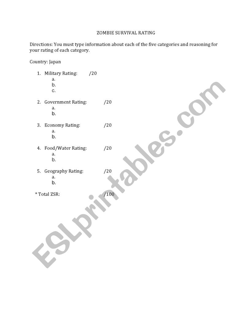 Zombie Survival Rating Worksheet ESL Worksheet By Misterbenthompson